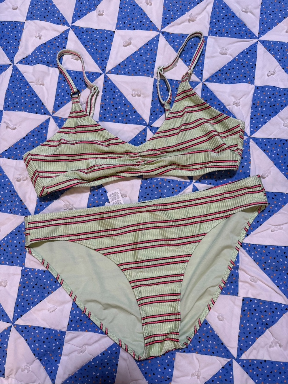 Aerie Striped Light Green Bikini Set with Red Accents
